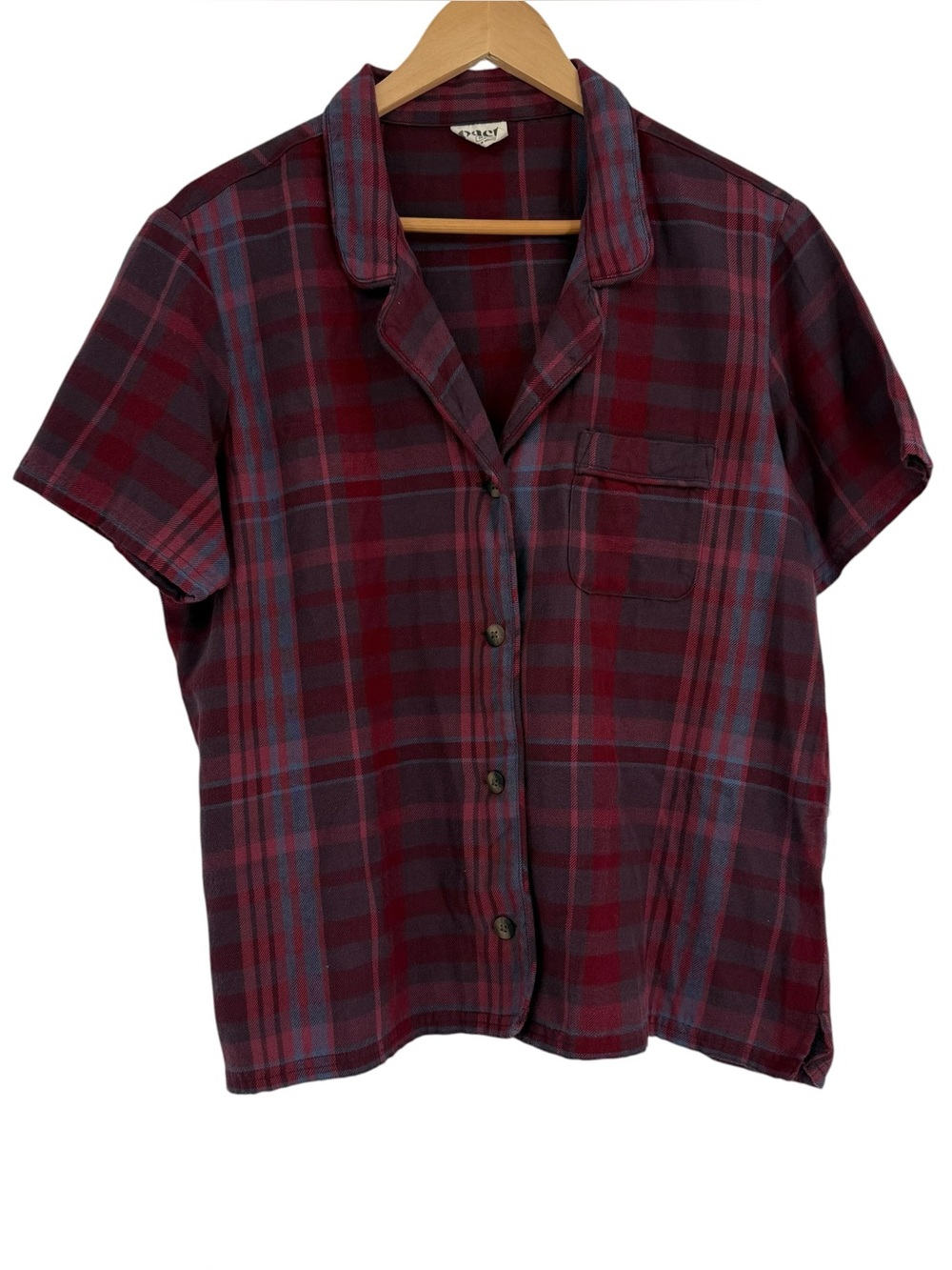 Pact Womens Plaid Flannel Shirt Size M Purple Organic Cotton Short Sleeves